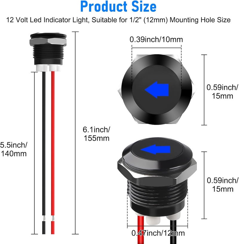 Linkstyle 2PCS 12V ضوء مؤشر LED، 1/2" قطع لوحة إشارة مؤشر، مصباح إشارة معدني مع أسلاك 300MM، أزرق - Image 2